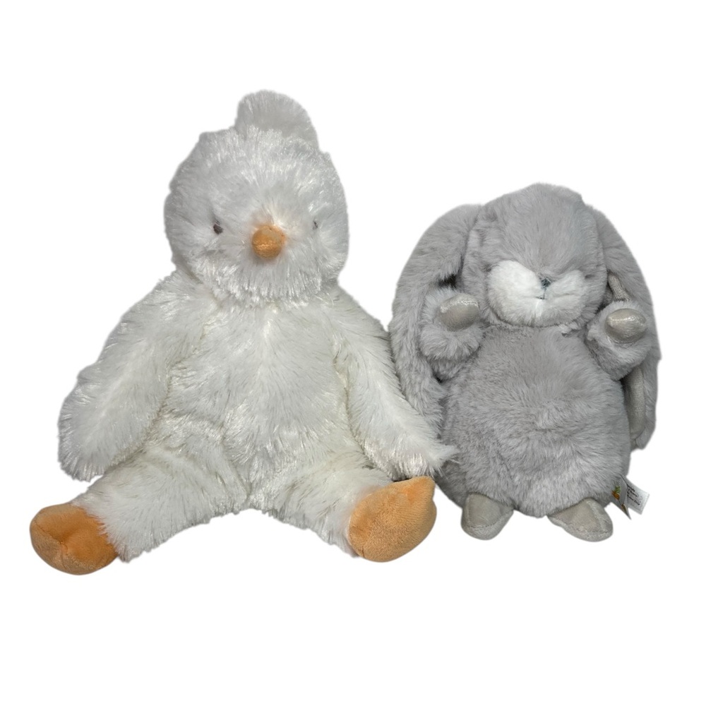 Lot - 2 Bunnies by the Bay Plush Chicken Bunny Carrots White Gray 8”-12”.